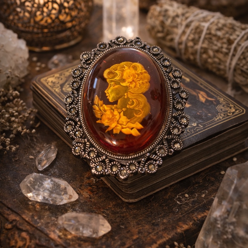 Vintage Reverse Honey Amber Cameo Brooch Pendant .925 Sterling Silver Marcasite